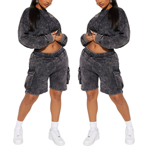 Ensemble de survêtement pour femme 100% coton, effet délavé, avec short cargo à poches, idéal pour l'été - Product Image 5