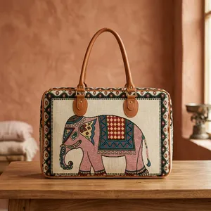 Bolsa de Viaje de Lona con Estampado de Elefantes, Asas de Cuero, Cierre de Cremallera, Bolsa de Viaje Resistente - Product Image 1