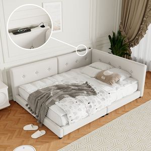 Letto imbottito beige queen size con pratiche porte USB - Product Image 1