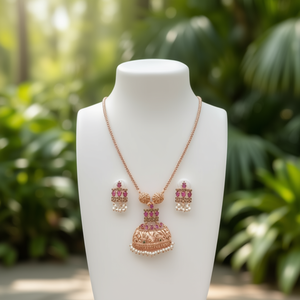 Rose Gold Plated Pearl 20 Inch Neckset with Matte Pendant and Earrings - Product Image 3