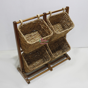 Artex Dong Thap Durable Wood and Wicker <b>Display</b> Stand with Versatile Natural Fiber Organizer Four Deep Seagrass <b>Baskets</b> Vietnam - Product Image 3