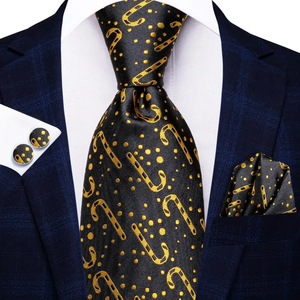 Corbata de seda floral negra y dorada con gemelos y pañuelo de bolsillo a juego, corbata clásica para hombre para ocasiones de negocios y fiestas. - Product Image 3