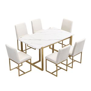 Modern 7-Piece Faux Marble Dining Table Set for 6 Includes 6 Upholstered Dining Chairs for Kitchen Use - Product Image 5