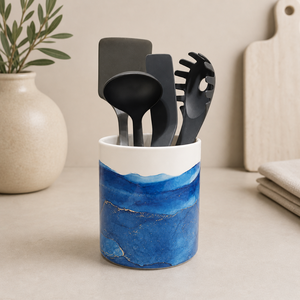 Porte-ustensiles en céramique design, finition glaçure océanique, grès cuit au four, résistant à la chaleur, durable, organisateur de cuisine moderne - Product Image 1
