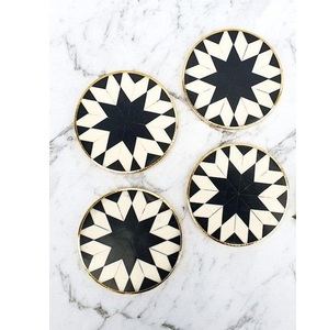 Unique Classic Eco-Friendly Bone Inlay Square <b>Coaster</b> <b>Set</b> 4 with Black Flower Design for Kitchen Tabletop Home Decor - Product Image 1