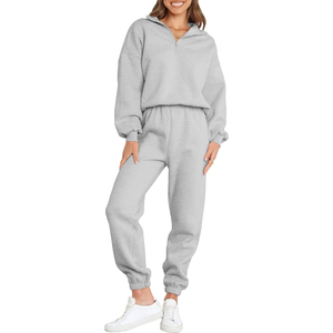 Ensemble survêtement molletonné deux pièces pour femme, vert sauge, avec sweat-shirt demi-zip et pantalon de jogging, en mélange coton et polyester, OEM - Product Image 3