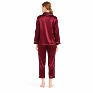 Ensemble de pyjama en satin pour femmes, manches longues, couleur unie, col rabattu, fermeture boutonnée, vêtements de nuit élégants - Product Image 5