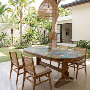 Mesa de Comedor de Madera Artesanal, Modelo Ovalado, 2 Niveles, Diseño Patchwork, Desmontable, Madera Reciclada de Barco, Diseño Sostenible y Ecológico - Product Image 2