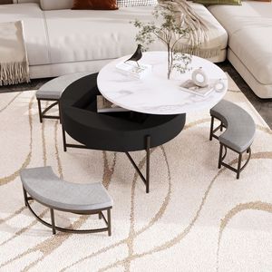 Tavolino da Caffè Moderno Rotondo con Piano Sollevabile e Contenitore, Bianco e Nero, 3 Pouf - Product Image 4