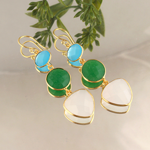 Elegant chalcedony & jade checker cut gemstone <b>earrings</b> handmade gold plated bezel setting drop dangle <b>hook</b> connector jewelry - Product Image 2