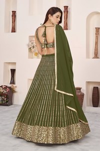 Ovlive Green <b>Sequin</b> Embroidered Lehenga Choli Organza Dupatta A-Line <b>Crop</b> <b>Top</b> Wedding Reception Outfit - Product Image 5