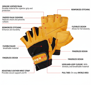 Rexfit Half <b>Finger</b> Gym Fitness Gloves Black Orange PU Leather Adjustable Wrist <b>Strap</b> Weight Lifting Unisex Half <b>Finger</b> Gym Glove - Product Image 5