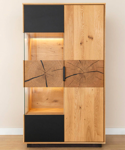 Modern Eco-friendly Solid Wood Living Room Cabinet Geometric Cutouts Glass Panels Storage Display Unit 4 Compartments <b>Slab</b> Door - Product Image 3