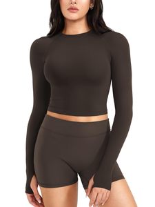 <b>Long</b> Sleeve Top With Scrunch Butt Shorts Sets For Women Yoga 2 Piece Summer Casual Solid Crew Neck <b>Matching</b> T-shirt Set Running - Product Image 1