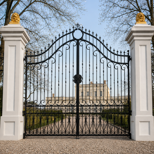 Portail de luxe en fer forgé noir avec piliers en forme de lion et décorations festonnées pour entrée de villa, manoir ou jardin – Conception de porte de sécurité - Product Image 4