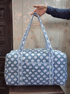 Handmade Floral Print Duffel <b>Bag</b> Blue Pink Cotton Quilted Weekender Travel <b>Bag</b> Large Capacity Zipper Closure - Product Image 2