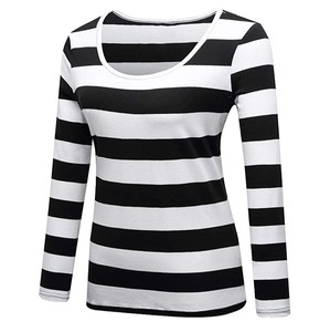 T-shirt en tricot à manches longues pour femme, rayé noir et blanc, col rond, coupe décontractée, à porter toute l'année, t-shirts à manches longues - Product Image 3