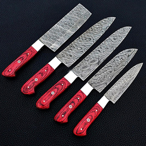 5 PCS Handmade Damascus Kitchen <b>Knife</b> <b>Set</b> Professional Chef <b>Knife</b> <b>Set</b> with Red Wood Handles Custom OEM - Product Image 4