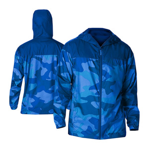 Wholesale Men's Blue Camouflage Print Hooded Waterproof Windbreaker <b>Jacket</b> Zip Front Outdoor Wear Regular Fit 100% Polyester - Product Image 3