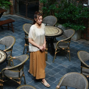 Top vente femmes Blouse manches courtes 50% soie 50% lin rayonne mélange tissé de haute qualité lâche pure couche formelle Plaid - Product Image 3