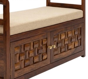 Solid Wood Carved <b>Storage</b> Settee | 3D Basket Weave Entryway Bench with <b>Cushion</b> | Wholesale Living Room Furniture - Product Image 2