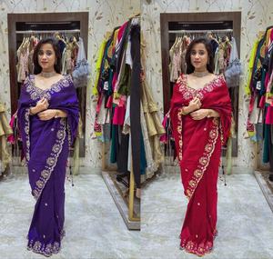 Sari de Seda Vichitra de Dos Tonos de Diseñador, Hermoso Bordado con Hilos, Trabajo con Lentejuelas, Alta Calidad, para Bodas y Fiestas, Estilo Indio - Product Image 1