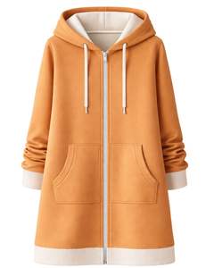 Sudadera con capucha larga con cremallera color tostado para mujer, abrigo de invierno de forro polar, sudadera informal extragrande con bolsillos, OEM personalizado - Product Image 1
