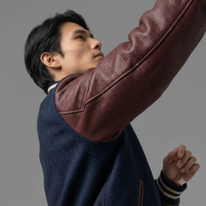 Men's Navy Blue Varsity Jacket With Burgundy Leather Sleeves <b>Button</b> Closure Turn-down Collar Casual Autumn Wear - Product Image 4