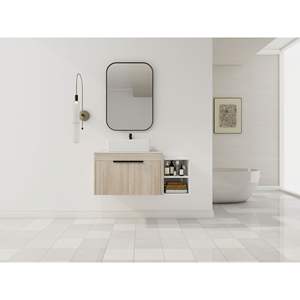 Tocador de baño flotante de diseño moderno de 42 \ ", fregadero de Arte de cerámica blanca, losa de piedra plana, pequeños estantes de almacenamiento, Puerta CERRADA suave - Product Image 1