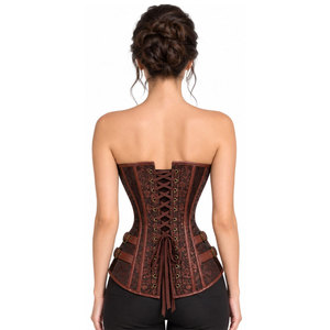 Women Brown Floral <b>Corset</b> With Leather Trim Hook And Eye Front Lace Up Back Firm Control <b>Shapewear</b> Women <b>Corset</b> - Product Image 4