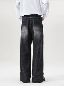 Men's Stonewashed <b>Denim</b> Wide Leg Pants Elastic Waist Casual Style Cotton <b>Material</b> Midweight Autumn Fashion - Product Image 2