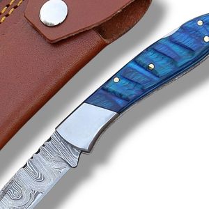 Cuchillos Plegables de Damasco Personalizados con Funda de Cuero, Cuchillos de Bolsillo EDC Portátiles para Caza, Camping, Supervivencia y Uso General - Product Image 5