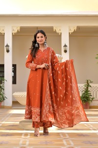 Orange Embroidered Pure Cotton Women Salwar Kameez Mirror Work Set 3/4th Sleeve <b>Kurti</b> & Pant with Dupatta for Party Wedding - Product Image 3