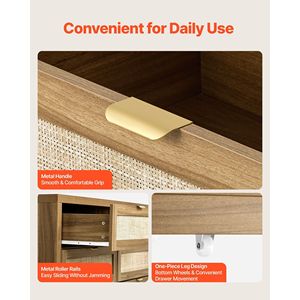 ตู้ลิ้นชักไม้สไตล์โมเดิร์น 6 ลิ้นชัก พร้อมหวายธรรมชาติ ตู้ลิ้นชักคู่สำหรับห้องนอนพร้อมมือจับโลหะ ตู้ไม้สไตล์โมเดิร์นสำหรับเก็บเสื้อผ้า - Product Image 6