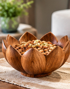 Moderna Tazón de Madera Tallada a Mano con Forma de Loto, Tazón para Servir, Recipiente Decorativo para Frutas y Nueces, Regalo Empresarial para la Cocina o Mesa de Comedor - Product Image 1