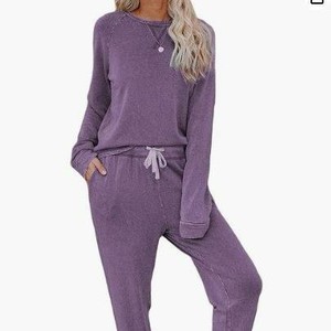 100% Cotton Women's Casual Two-Piece <b>Set</b> Long Sleeve Crew Neck <b>Knitted</b> Sweatshirt With Drawstring Jogger Pants Solid Color OEM - Product Image 3