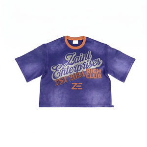 T-shirt en coton premium délavé à l'acide, violet et orange, avec impression en relief personnalisée, sérigraphie vintage, coupe oversize pour homme - Product Image 1