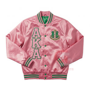 Chaqueta bomber corta rosa y verde a prueba de viento, estilo universitario, de satén, con bordado de letras griegas, para mujer, ideal para universidades y HBCU. - Product Image 1