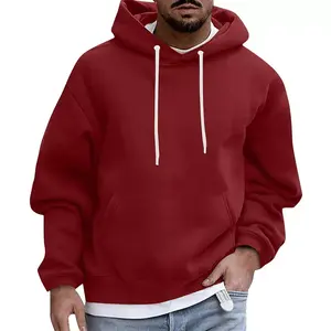 Sudadera con capucha de algodón para hombre, personalizada, oversize, con hombros caídos, corte holgado, bolsillo bordado, estilo casual urbano básico - Product Image 3