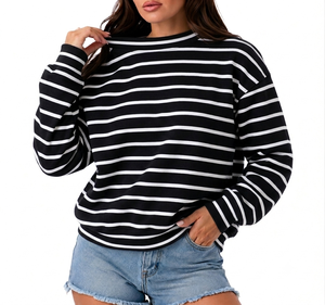 Sweat-shirt rayé noir et blanc pour femme, décontracté, à manches longues, col rond, pull ample en tricot, doux et confortable, mode automne-hiver - Product Image 1