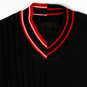 Suéter de punto a rayas negras para hermandades y fraternidades, para hombre y mujer, con ribete rojo y blanco, cuello en V, manga larga, para otoño. - Product Image 3