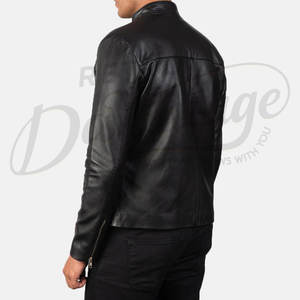 Veste de motard en cuir véritable noir de qualité supérieure pour hommes, coupe ajustée, col montant, fermeture éclair classique, manteau décontracté pour moto et streetwear - Product Image 3