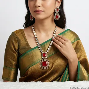 Conjunto de collar Polki rojo de doble hilera con aretes a juego, chapado en oro, joyería tradicional india para novias. - Product Image 1