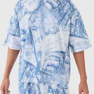 Men's Blue White Printed Polyester Stand <b>Collar</b> <b>T</b>-<b>Shirt</b> Shorts Set Breathable Color Blocking Digital Printing Casual Summer Wear - Product Image 5