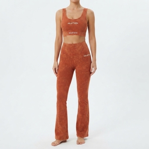 Women Rust Orange Ribbed Yoga Set Crop Top High Waist <b>Flare</b> <b>Leggings</b> Gym Fitness Workout Activewear - Product Image 4