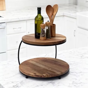 Support à gâteau rond à 2 niveaux en bois avec cadre métallique, présentoir à desserts et cupcakes pour boulangerie et fêtes - Product Image 5