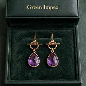 Pendientes de Lágrima de Amatista Natural con Acabado en Latón Dorado, Plateado y Oro Rosa, Aros Geométricos Colgantes, Moda Cristiana para Mujer, Venta al por Mayor - Product Image 6