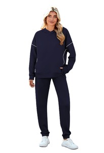 <b>Women's</b> <b>Navy</b> Blue Hooded Tracksuit Solid Color Casual Loose Fit Full Sleeve With Side Pockets Elastic Waist Autumn Wear - Product Image 4
