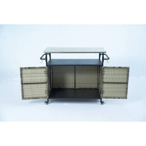 Outdoor PE Rattan Wicker Bar Cart <b>Cabinet</b> Double Doors Glass Top & <b>Wheels</b> for Patio Furniture - Product Image 2
