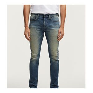 Jean slim homme taille mi-haute en denim italien délavé extensible bleu clair, style streetwear, respirant et écologique, vente en gros - Product Image 1